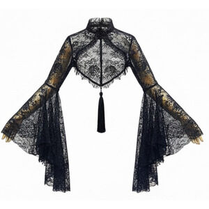Dolls Kill Widow Black Lace Gothic Shrug Crop Top Flare Sleeves Tassel L NWOT